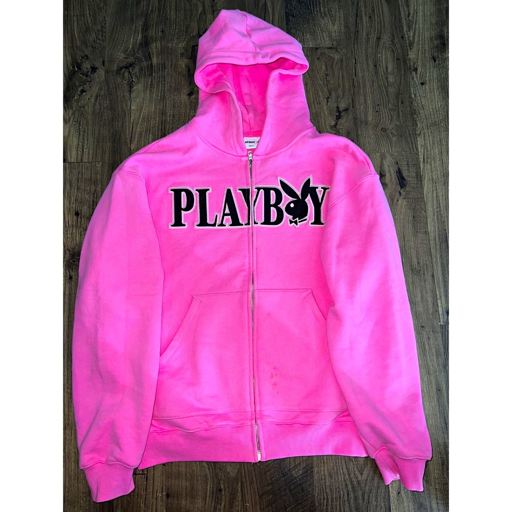 Playboy Women's Pink Full Zip Hooded Hoodie Logo Bunny Graphic Print Sz S